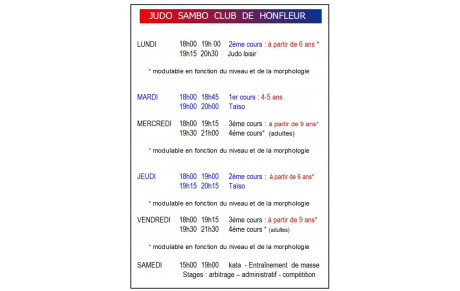 judo sambo club de Honfleur :rappel des horaires